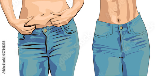 Before and after. Set women with fat belly. The girl clamps the fold of the belly with both hands.