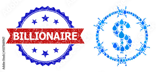 Vector mosaic barbed wire dollar, and bicolor dirty Billionaire seal stamp. Barbed wire dollar mosaic for pure water advertisement. Barbed wire dollar is composed with blue pure liquid tears.