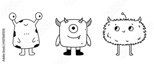Set of cute and funny monsters isolated on white background. Vector hand-drawn illustration in doodle style. Perfect for Halloween designs, cards, logo, decorations. Cartoon characters.