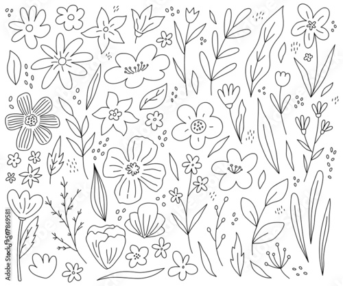 Big set of spring flowers, twigs and leaves isolated on white background. Vector hand-drawn illustration in doodle style. Perfect for cards, decorations, various designs. Botanical clipart elements.
