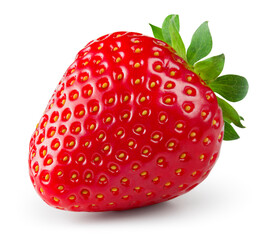 Strawberry isolated. Whole strawberry with leaf on white background. Perfect retouched berry with clipping path. Full depth of field.