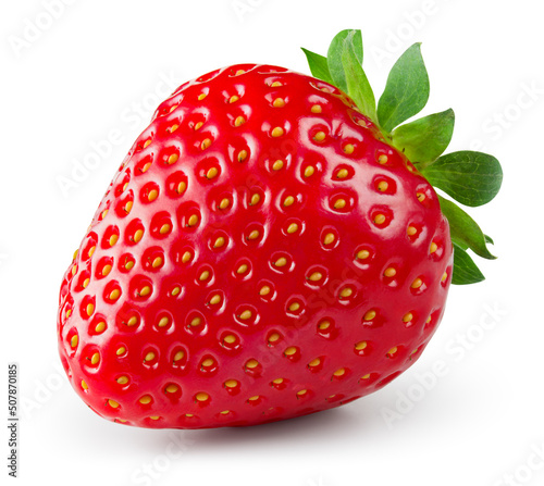 Strawberry isolated. Whole strawberry with leaf on white background. Perfect retouched berry with clipping path. Full depth of field.