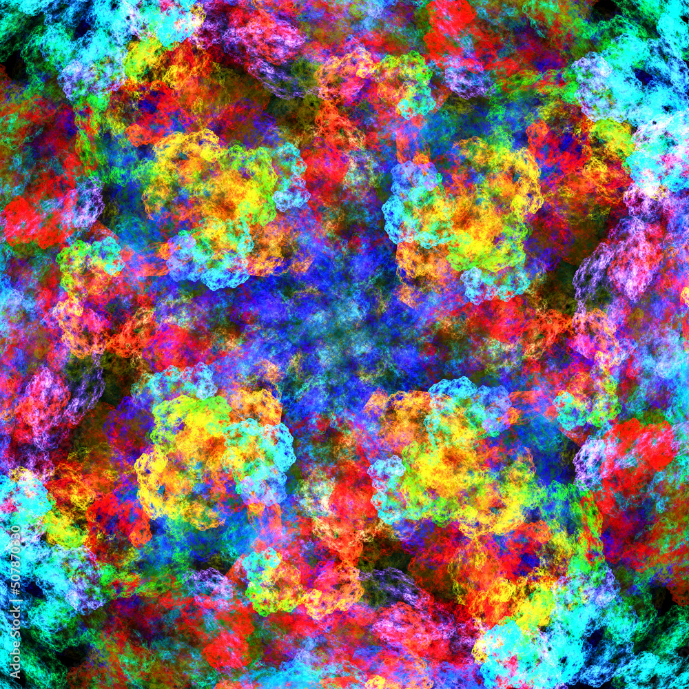 Imagen de arte fractal digital compuesta de manchas nebulosas difuminadas en tonos brillantes y sobre fondo negro en un conjunto que parece estar sobrevolando un jardín de vegetación imaginaria.