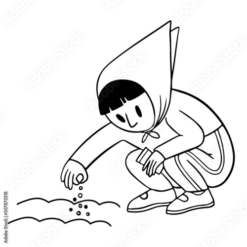 Cute girl in babushka planting seeds. Isolated vector illustration in the cartoon style.
