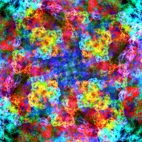 Imagen de arte fractal digital compuesta de manchas nebulosas difuminadas en tonos brillantes y sobre fondo negro en un conjunto que parece estar sobrevolando un jard  n de vegetaci  n imaginaria.