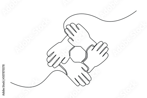 One single line drawing. Ring of Hands Teamwork. Teamwork united to achieve success. Concept continuous line draw design vector.