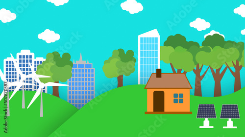 Eco friendly cartoon illustration for use natural energy and live healthy lifestyle. Spining air turbine, solar panel, house, building and trees.