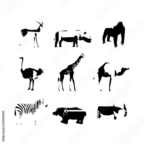 Vector black set of African animals silhouette r seamless pattern of hand drawn wild forest animals silhouette isolated on white background Vecto black set of African animals silho