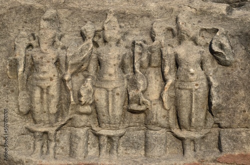 Indian Architecture of 5th Century. Stone sculptures on the wall inside the Neelkanth temple in Kalinjar Fort, Uttar Pradesh, India.