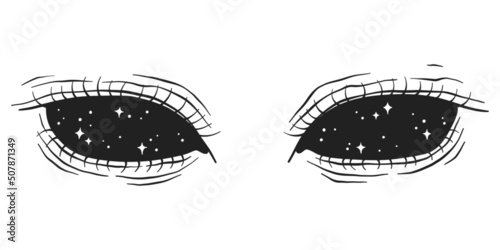 Female eyes with space inside. Spiritual mystical art. Vector conceptual abstract illustration of eyeballs with dark sky and stars. Modern design, tattoo sketch or trendy print