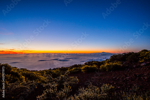 Spring sunrise, sea and Teide view in La Palma Island, Canary Islands, Spain