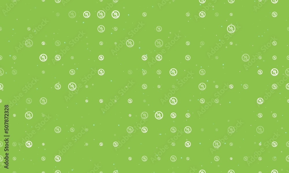Seamless background pattern of evenly spaced white no gas symbols of different sizes and opacity. Vector illustration on light green background with stars