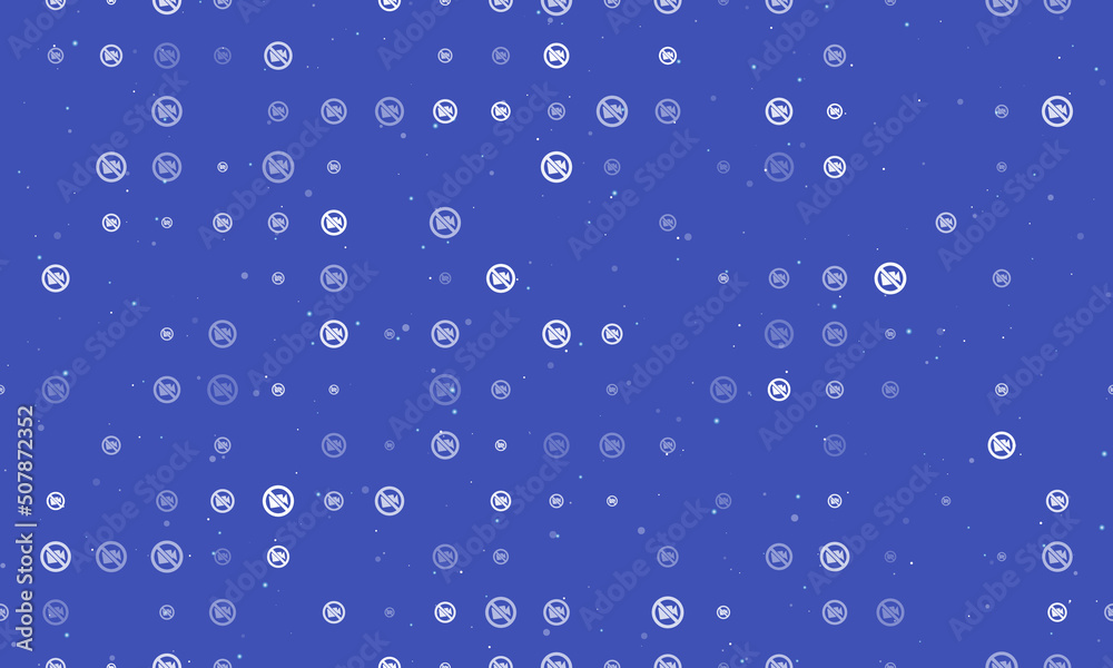 Seamless background pattern of evenly spaced white no video symbols of different sizes and opacity. Vector illustration on indigo background with stars