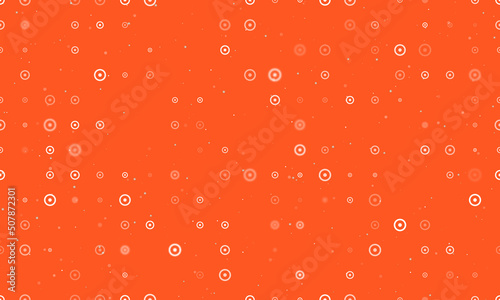Seamless background pattern of evenly spaced white astrological sun symbols of different sizes and opacity. Vector illustration on deep orange background with stars