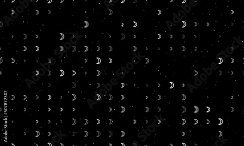 Seamless background pattern of evenly spaced white moon astrological symbols of different sizes and opacity. Vector illustration on black background with stars