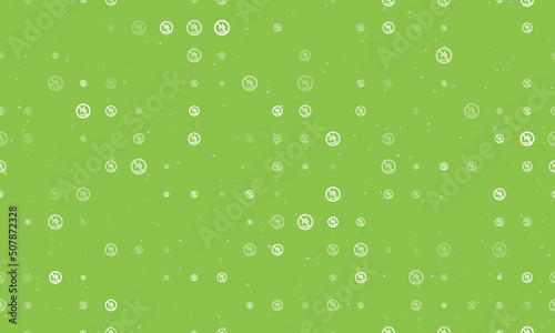 Seamless background pattern of evenly spaced white no gas symbols of different sizes and opacity. Vector illustration on light green background with stars