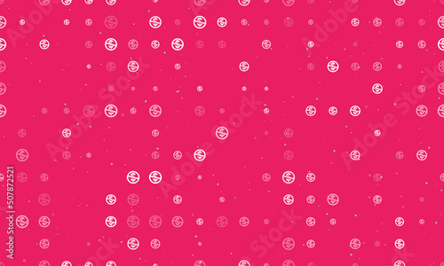 Seamless background pattern of evenly spaced white no dollar symbols of different sizes and opacity. Vector illustration on pink background with stars