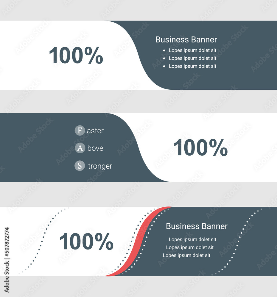 Set of blue grey banner, horizontal business banner templates. Banners with template for text and 100 percent symbol. Classic and modern style. Vector illustration on grey background