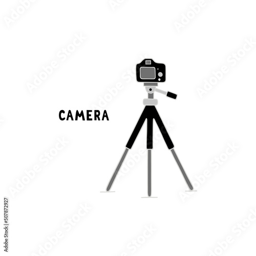 Vector illustration with a camera on a tripod on a white background.