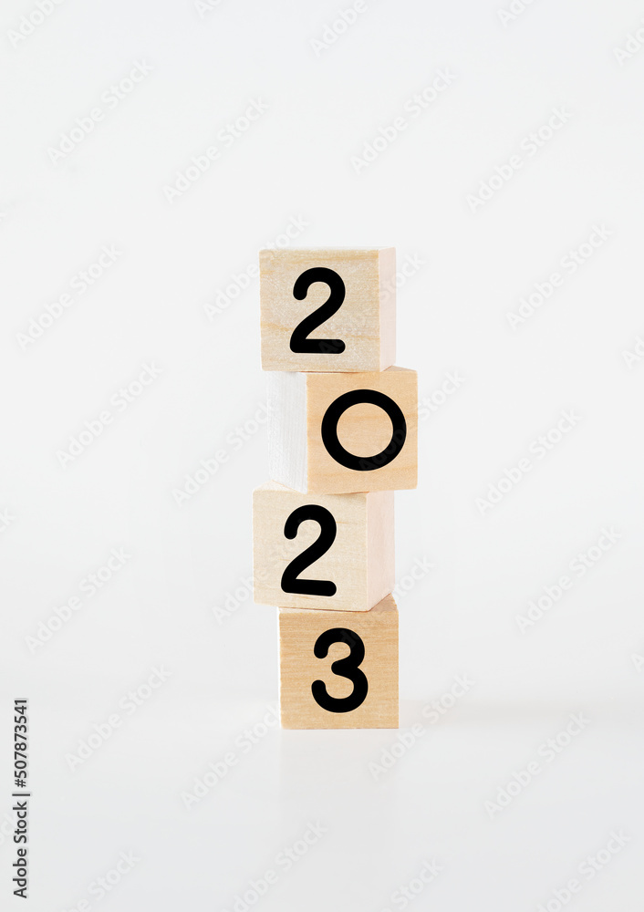 Cubic wooden blocks forming the '2023' text Cubic wooden blocks forming the '2023' text