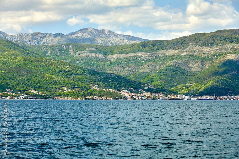 Beautiful aerial panorama view of montenegro coastline with azure sea water.