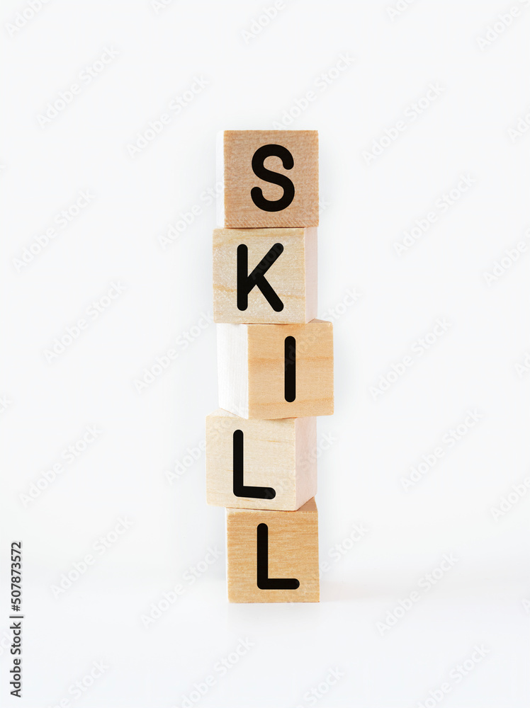 Cubic wooden blocks forming the 'skill' text Cubic wooden blocks forming the 'skill' text