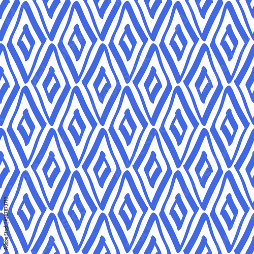 Blue ink contour linear rhombuses isolated on white background. Monochrome geometric seamless pattern. Vector simple flat graphic hand drawn illustration. Texture.
