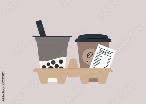 Drinks to go in a carton disposable cupholder, boba tea and coffee, modern lifestyle