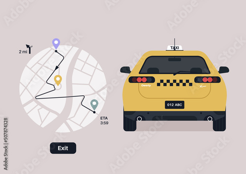 A yellow taxi cab with a checkered pattern, a rear view, a city map with a calculated route on it