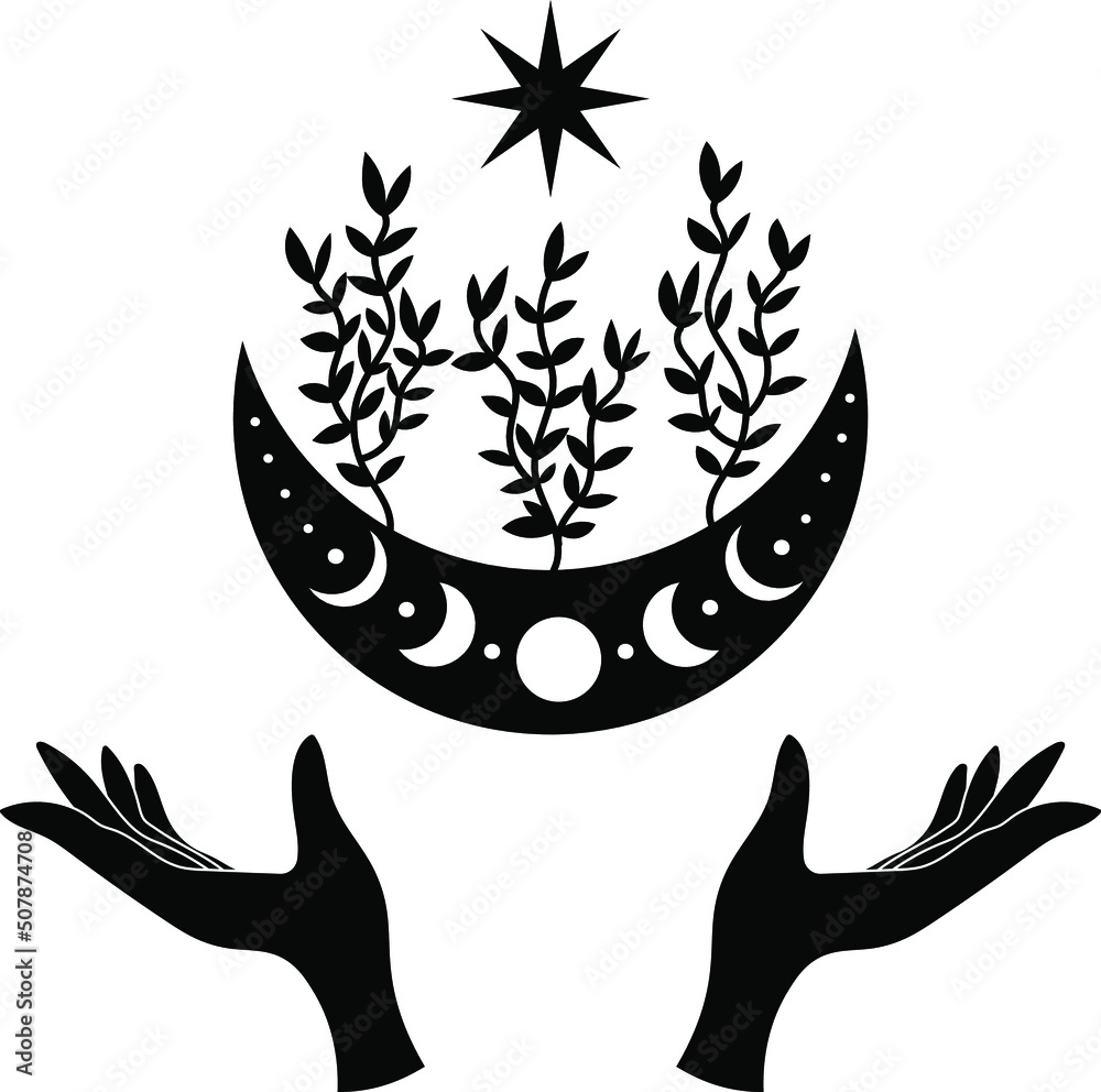Obraz premium Mystical hands of a witch. Magic poster, Tattu style, Vector, Tarro, moon, celestial art. Hands.