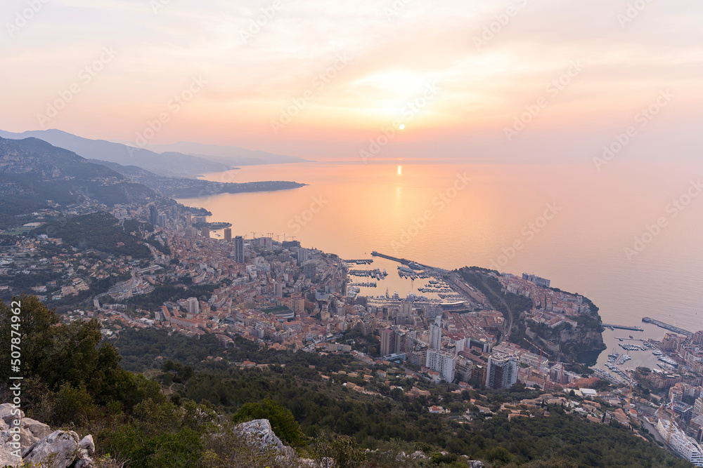Monte Carlo Monaco, panorama of the city skyline during the sunrise