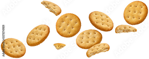 Cuadro en lienzo Falling round cheese crackers isolated on white background