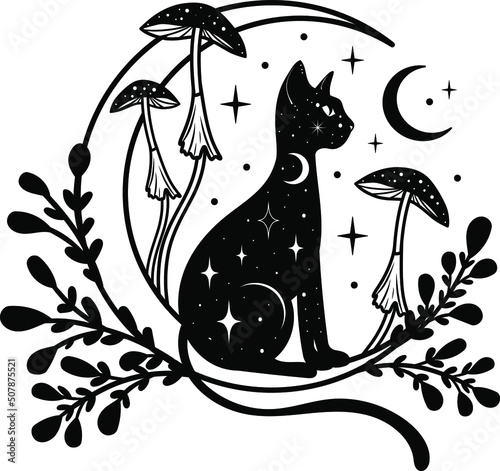 Mystical black cat. Moon, sun, grass, stars. Esoteric symbols, tattoo, logo. 