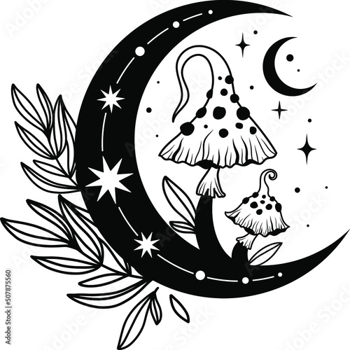 Mystical mushrooms. Vector mushrooms. Full moon, sun, stars, grass, eyes. Black silhouette of mushrooms. Tarro cards. Mystical print.