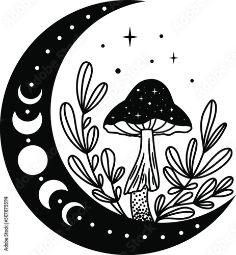 Mystical mushrooms. Vector mushrooms. Full moon, sun, stars, grass, eyes. Black silhouette of mushrooms. Tarro cards. Mystical print.