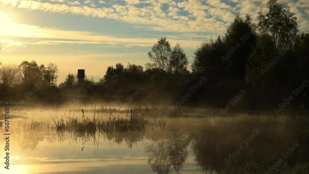 Early morning on the river with fog. Beautiful morning landscape with sunrise over river. Timelapse Early morning on the river with fog. Beautiful morning landscape with sunrise over river. Timelapse
