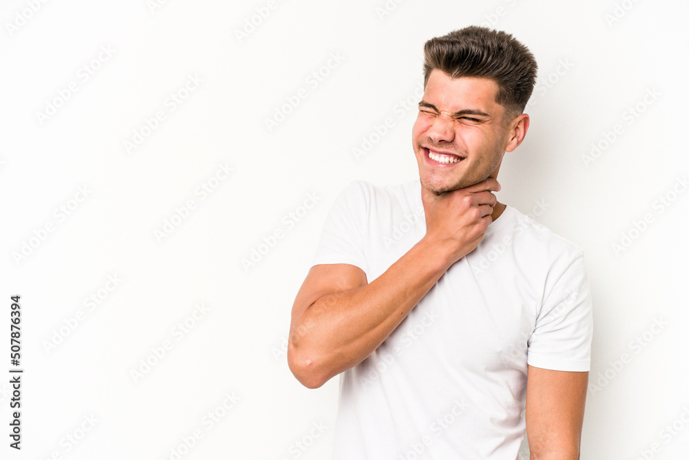 Young caucasian man isolated on white background touching back of head, thinking and making a choice.