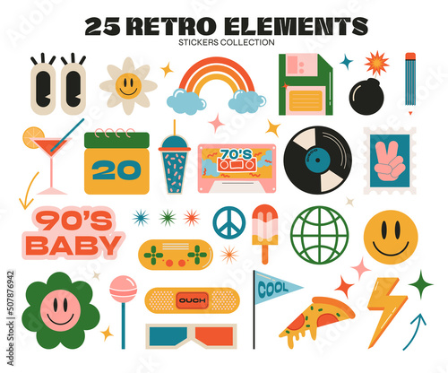 Retro 70s, 80s, 90s hippie stickers, psychedelic acid elements. Funky cartoon drinks, flowers, rainbow, vintage hippie style vector elements set.