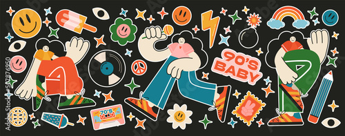 Retro 70s, 80s, 90s hippie stickers, psychedelic acid elements. with  emo characters, retro girls. Cartoon funky drinks, flowers, rainbow, vintage hippie style vector elements set.