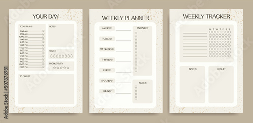 Collection of holiday, daily, holiday planners, note paper, to do lists, sticker templates decorated with textures and trendy lettering. Fashion planner or organizer.