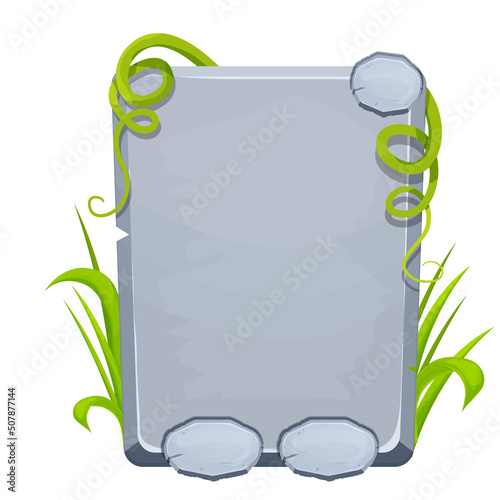  Jungle stone frame with grass and liana, user interface, menu board in comic cartoon style isolated on white background.