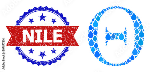 Vector mosaic Tetta Greek letter, and bicolor scratched Nile seal stamp. Tetta Greek letter mosaic for pure beverage advertisement. Tetta Greek letter is designed from blue pure liquid raindrops.