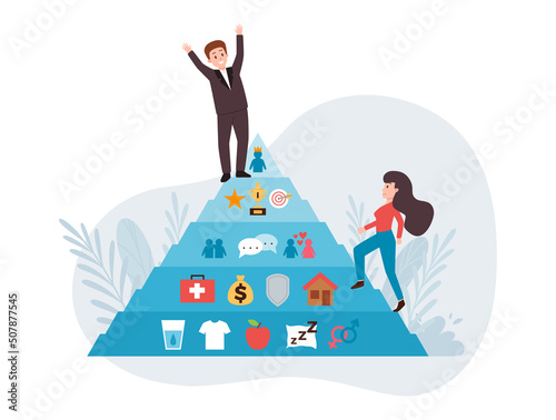 Man and woman climbing the Maslow pyramid, flat vector illustration isolated on white background.