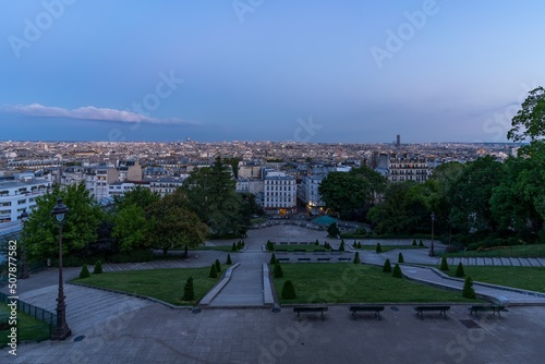 Sunrise in Paris, France. Panorama of the city from the hill of Montmartre at sunny morning