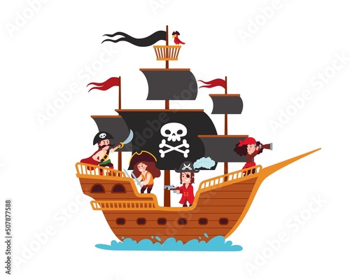Pirate ship on a white background, vector flat illustration.