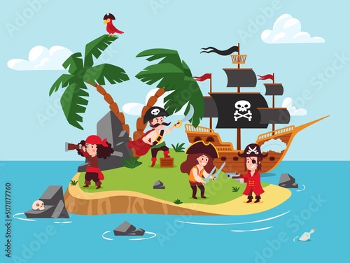 Pirates treasure island background with cute children, flat vector illustration.
