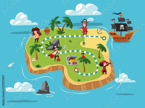 Pirates on the island, pirate ship, vector flat illustration.