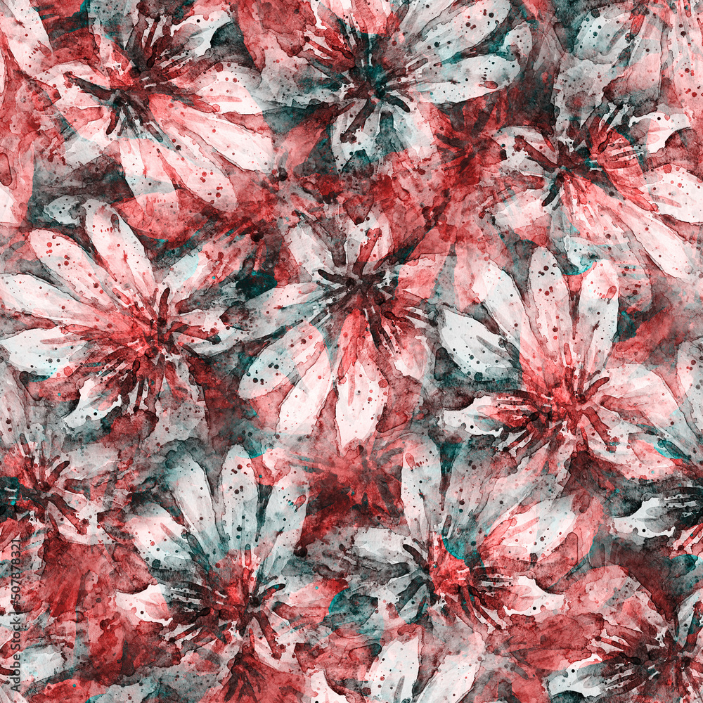 Fototapeta premium Floral seamless pattern. Watercolor artwork background. Flowers and herbs. Bohemian boho style print. Abstract meadow field. Emotional painting.