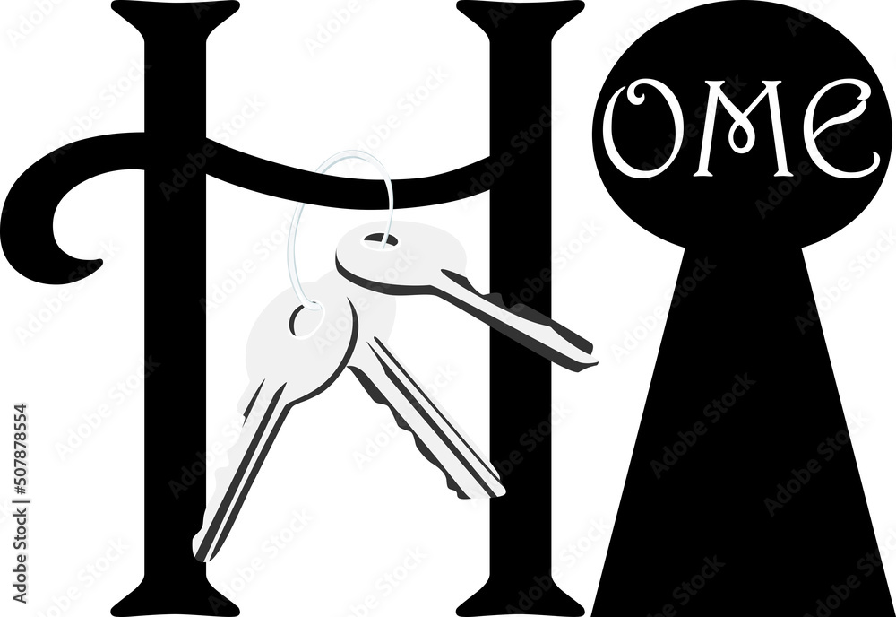 Illustration with the inscription house and house keys and a keyhole as a background, black and white colors, silhouettes of house keys, logo, key icon, house Illustration with the inscription house and house keys and a keyhole as a background, black and white colors, silhouettes of house keys, logo, key icon, house