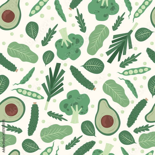 Seamless pattern with hand drawn colorful doodle green vegetables and herbs.